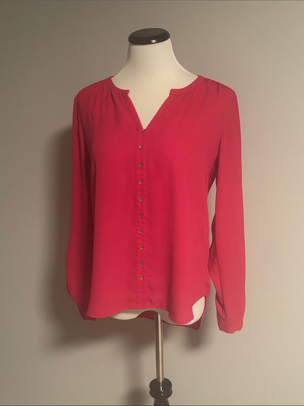 New York & Company Bright Fuchsia Button-Front Henley Blouse